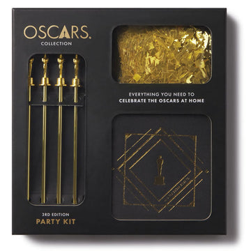 Oscars Collection party kit packaging with gold accents on a white background